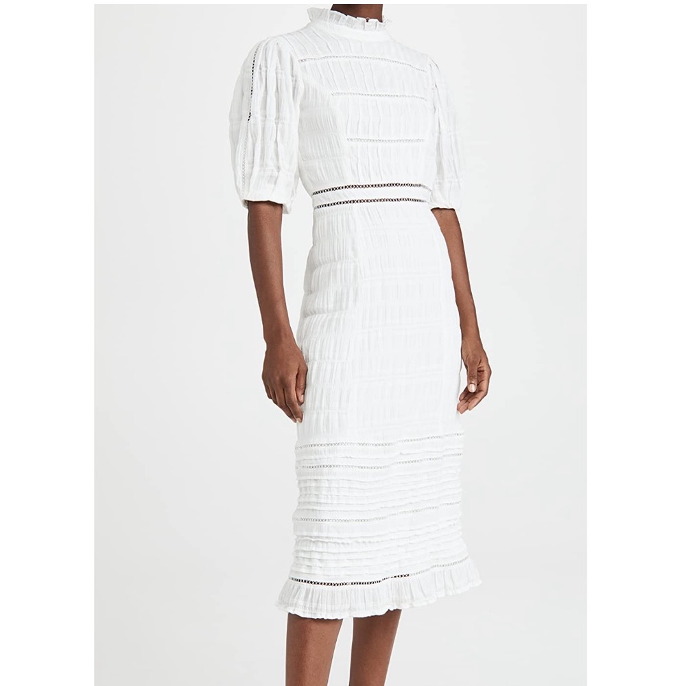 NWT En Saison | White Pintuck Midi Dress with Ruffled Sleeves